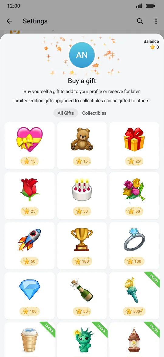 Buy a gift for yourself: the All Gifts tab, with gifts such as a heart, a teddy bear and a rose priced in Stars, and your Stars balance at the top right.