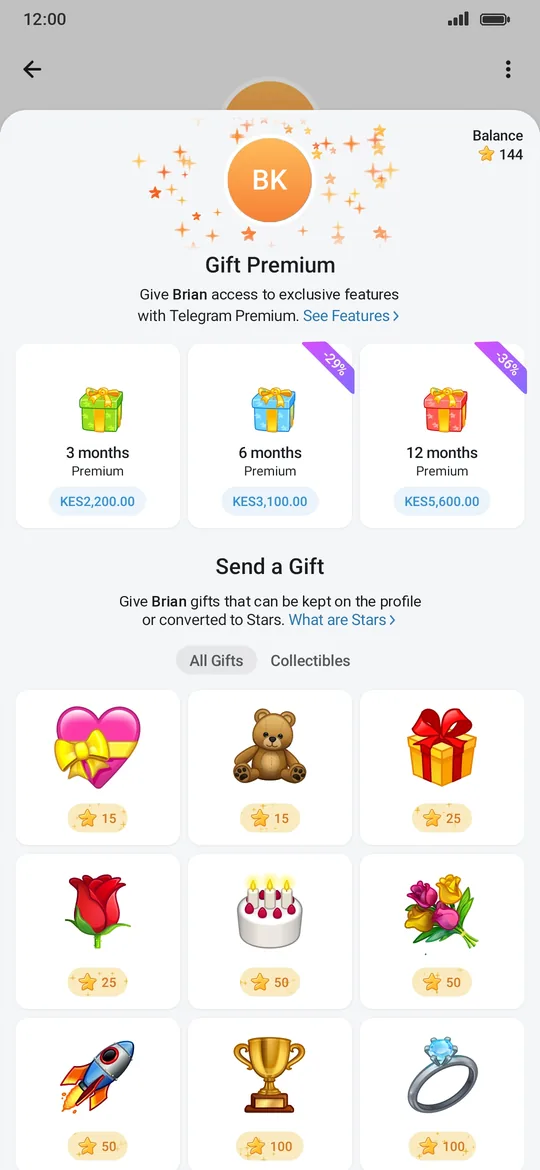 The gift screen: Gift Premium for 3, 6 or 12 months priced in KES at the top, then Send a Gift with All Gifts and Collectibles tabs and gifts priced from 15 to 100 Stars.