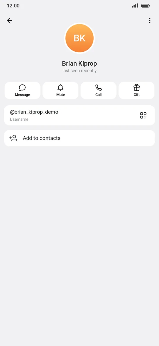 A Telegram profile with four buttons under the name: Message, Mute, Call and Gift.