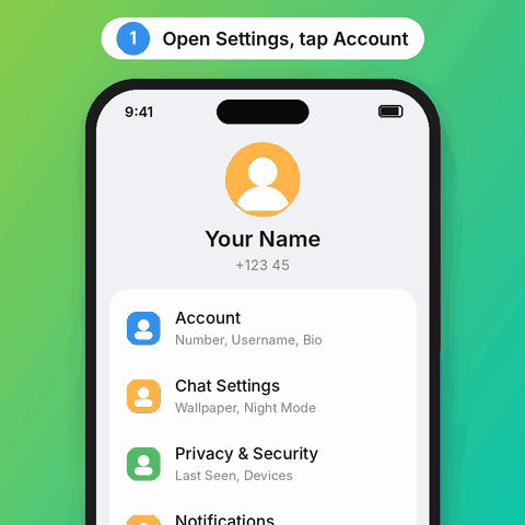 Animation: in Settings, open Account, tap Username, type a new username and save it, then send it to Oya Stars.